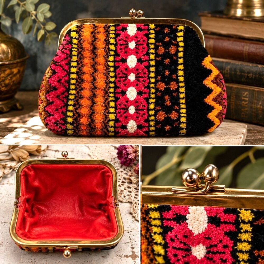 Vtg Retro Needlepoint Kiss Lock Coin Purse Clutch Leather Lined Brass Boho Folk